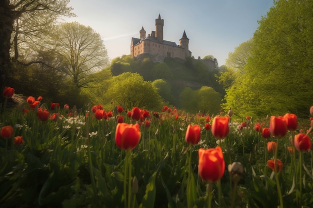 Free photo view of castle with nature landscape