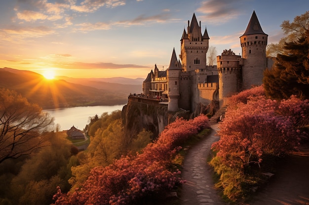 Free photo view of castle with nature landscape