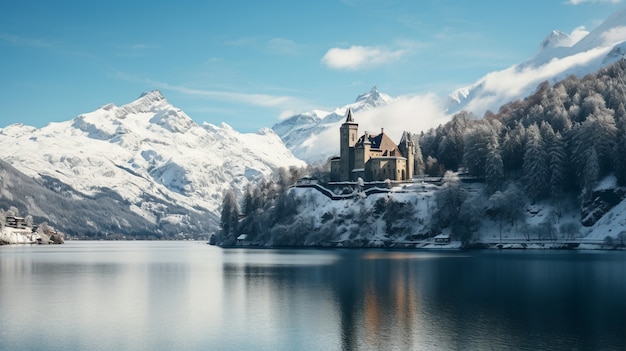 Free photo view of castle with winter nature landscape