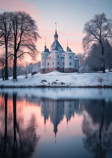 Free photo view of castle with winter nature landscape