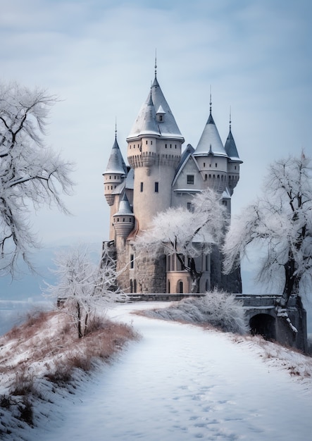 Free Photo view of castle with winter nature landscape