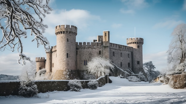 Free photo view of castle with winter nature landscape