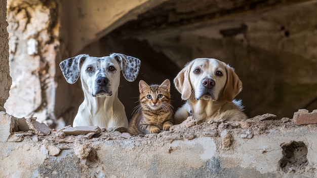 View of cats and dogs being friends