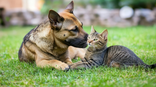 View of cats and dogs showing friendship