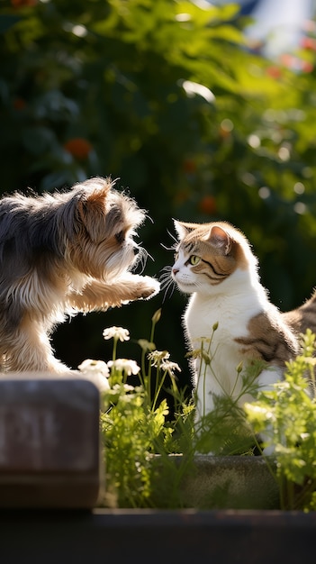 Free Photo view of cats and dogs showing friendship