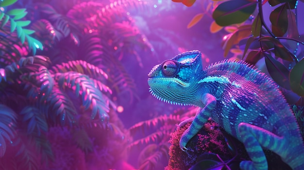 Free Photo view of chameleon with bright neon colors