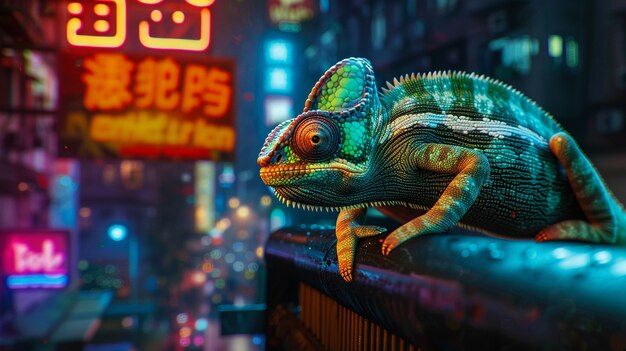 View of chameleon with bright neon colors