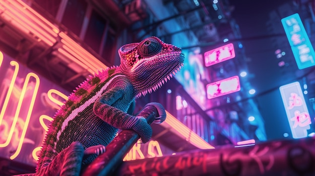 View of chameleon with bright neon colors