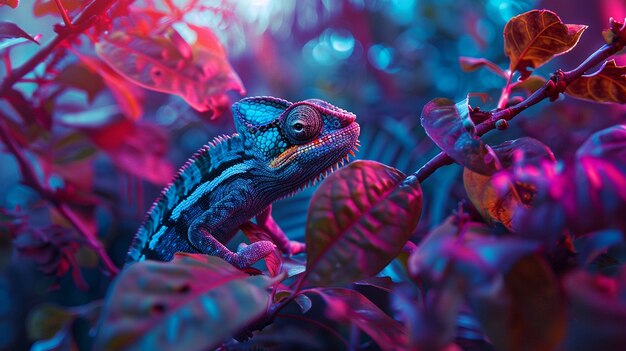 View of chameleon with bright neon colors