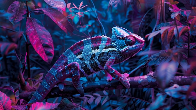 View of chameleon with bright neon colors