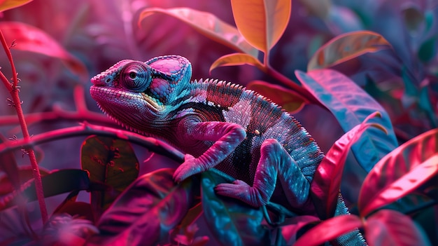 View of chameleon with bright neon colors