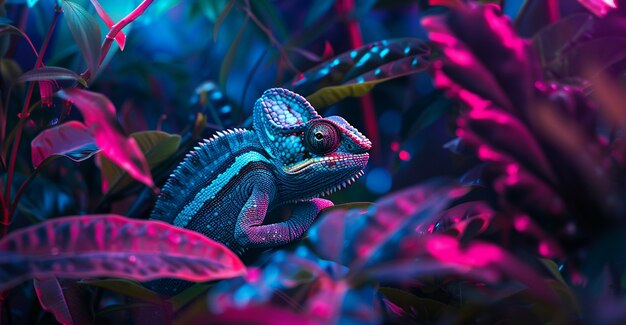 View of chameleon with bright neon colors