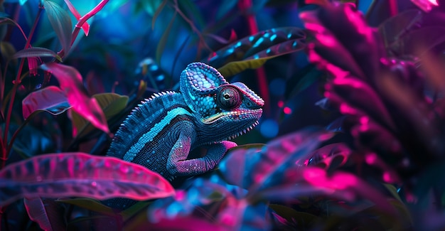 View of chameleon with bright neon colors