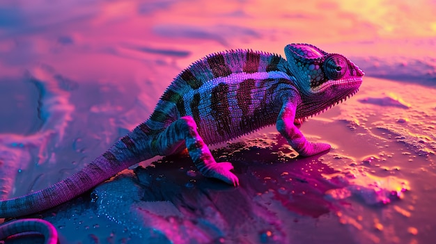 View of chameleon with bright neon colors