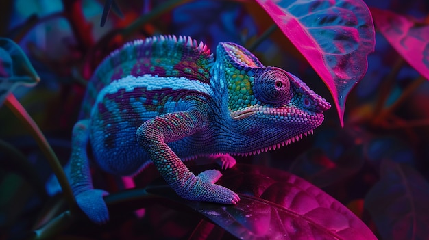 Free Photo view of chameleon with bright neon colors