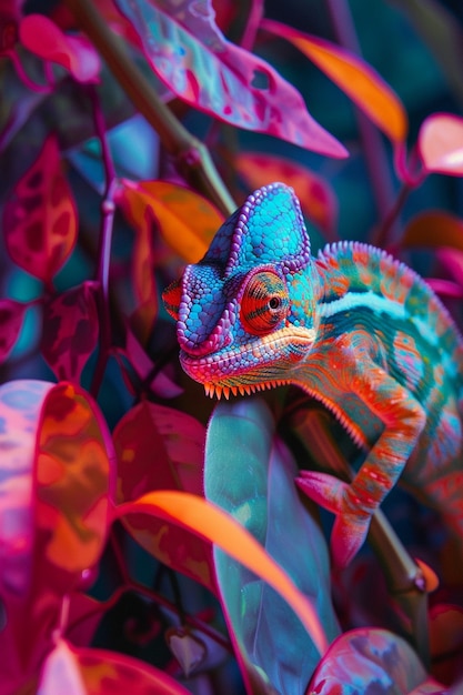 View of chameleon with bright neon colors