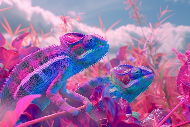 View of chameleon with bright neon colors