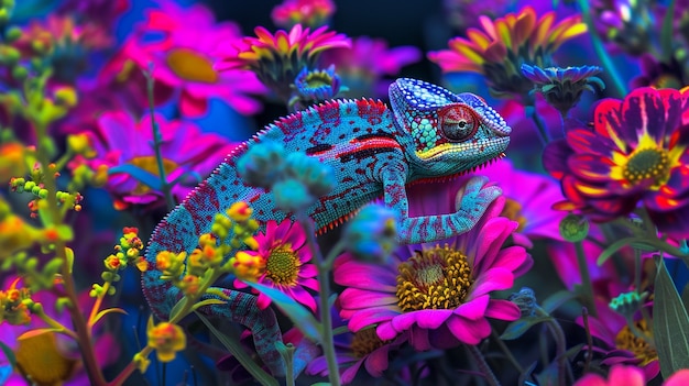 Free photo view of chameleon with bright neon colors