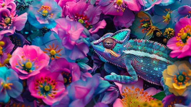 View of chameleon with bright neon colors