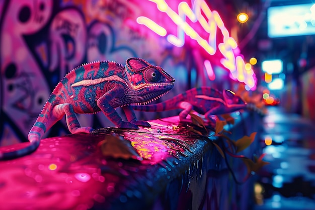 View of chameleon with bright neon colors