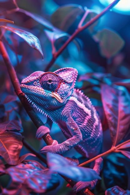 Free Photo view of chameleon with bright neon colors