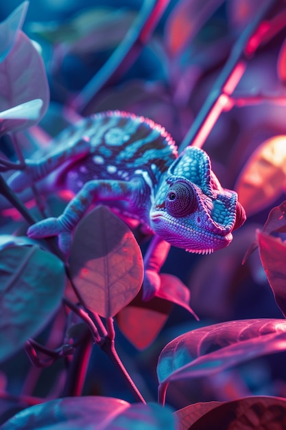 Free Photo view of chameleon with bright neon colors