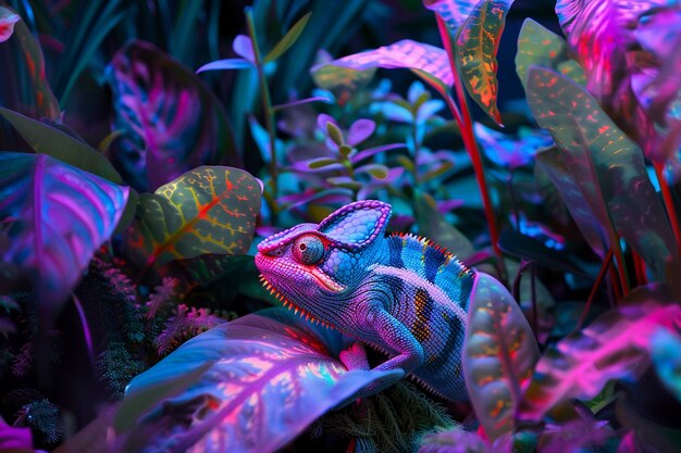 View of chameleon with bright neon colors