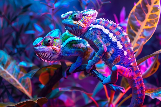 View of chameleon with bright neon colors