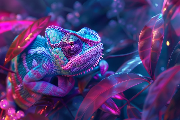 View of chameleon with bright neon colors