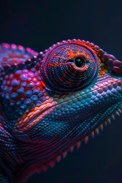 View of chameleon with bright neon colors