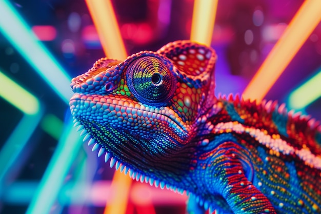 View of chameleon with bright neon colors