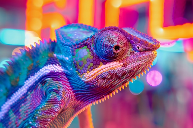 View of chameleon with bright neon colors