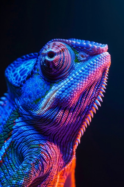 View of chameleon with bright neon colors