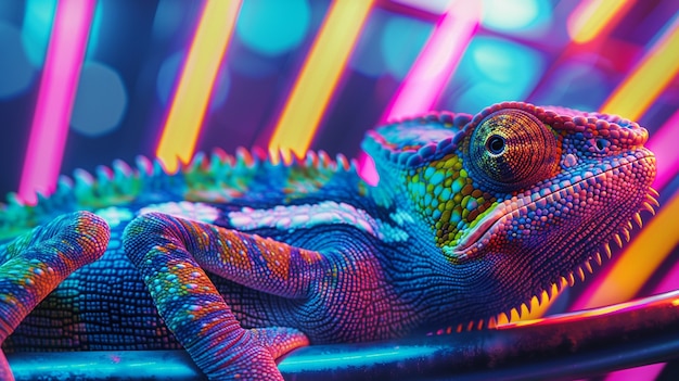 View of chameleon with bright neon colors