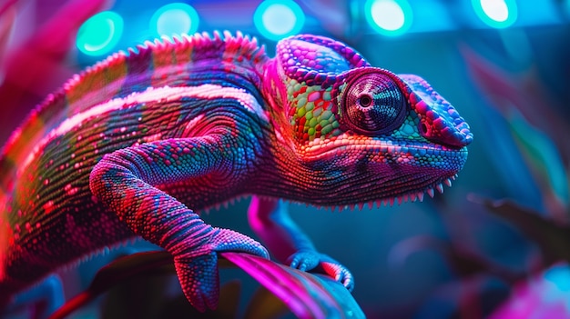 View of chameleon with bright neon colors