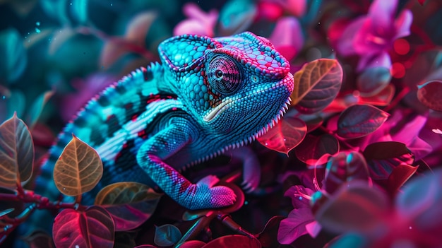 Free Photo view of chameleon with bright neon colors