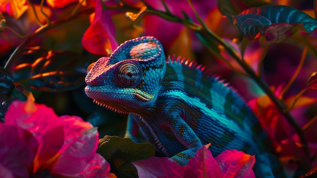 View of chameleon with bright neon colors