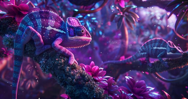 View of chameleon with bright neon colors