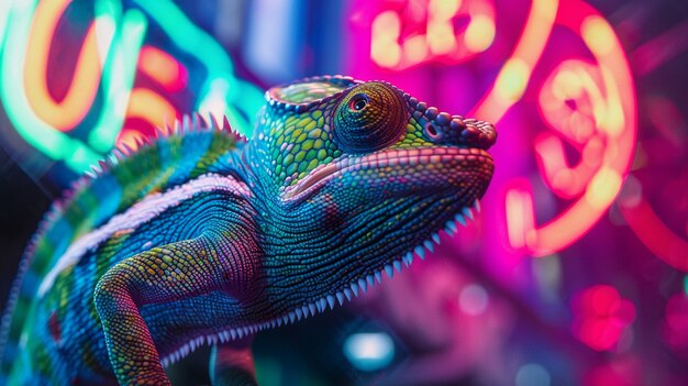 View of chameleon with bright neon colors