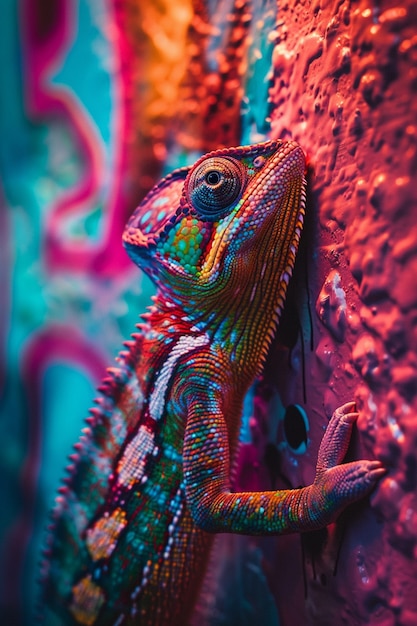 Free photo view of chameleon with bright neon colors