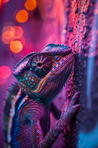 Free Photo view of chameleon with bright neon colors