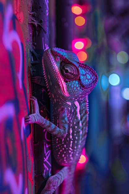 View of chameleon with bright neon colors