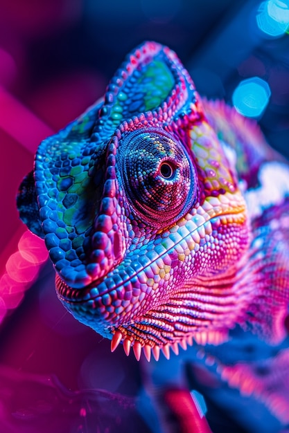 View of chameleon with bright neon colors