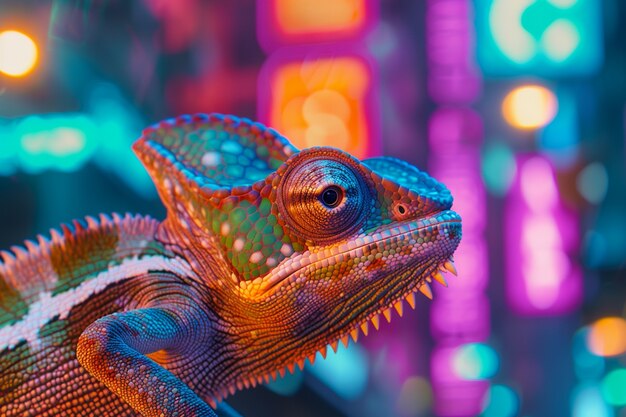 View of chameleon with bright neon colors