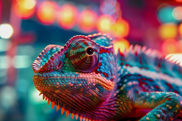 View of chameleon with bright neon colors