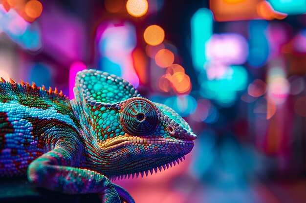 View of chameleon with bright neon colors