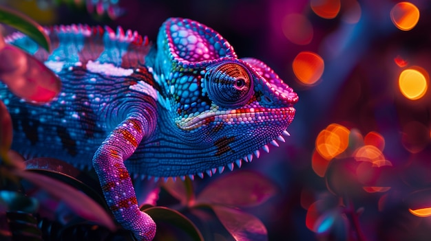 Free Photo view of chameleon with bright neon colors