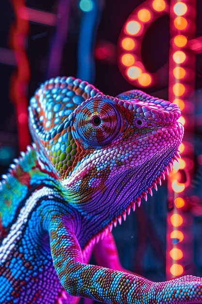 View of chameleon with bright neon colors