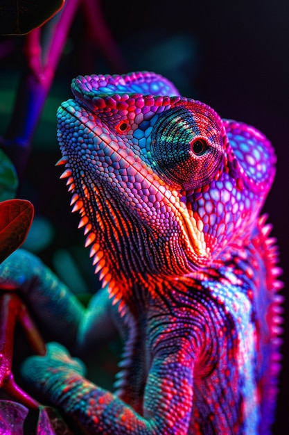 Free photo view of chameleon with bright neon colors