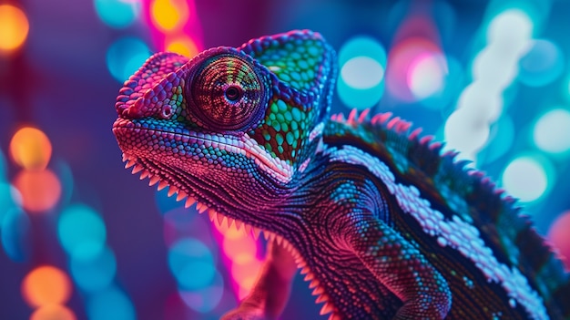 View of chameleon with bright neon colors